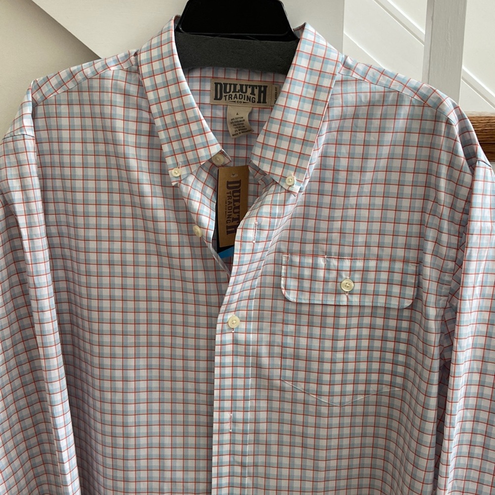 Duluth Trading Co Button-Down Plaid Shirt in Light Blue and Coral